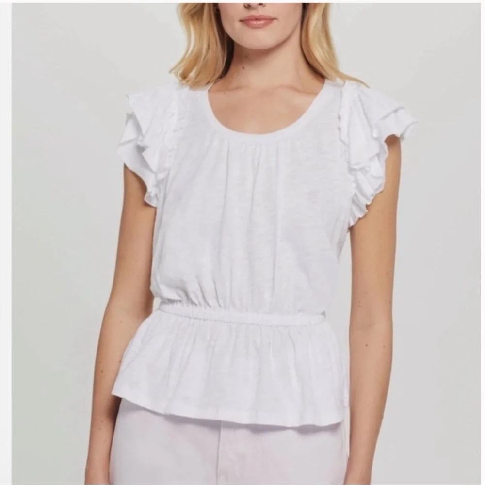 Goldie Lewinter Ruffle Sleeve Elastic Peplum 100% Pima Cotton Top XS NWOT